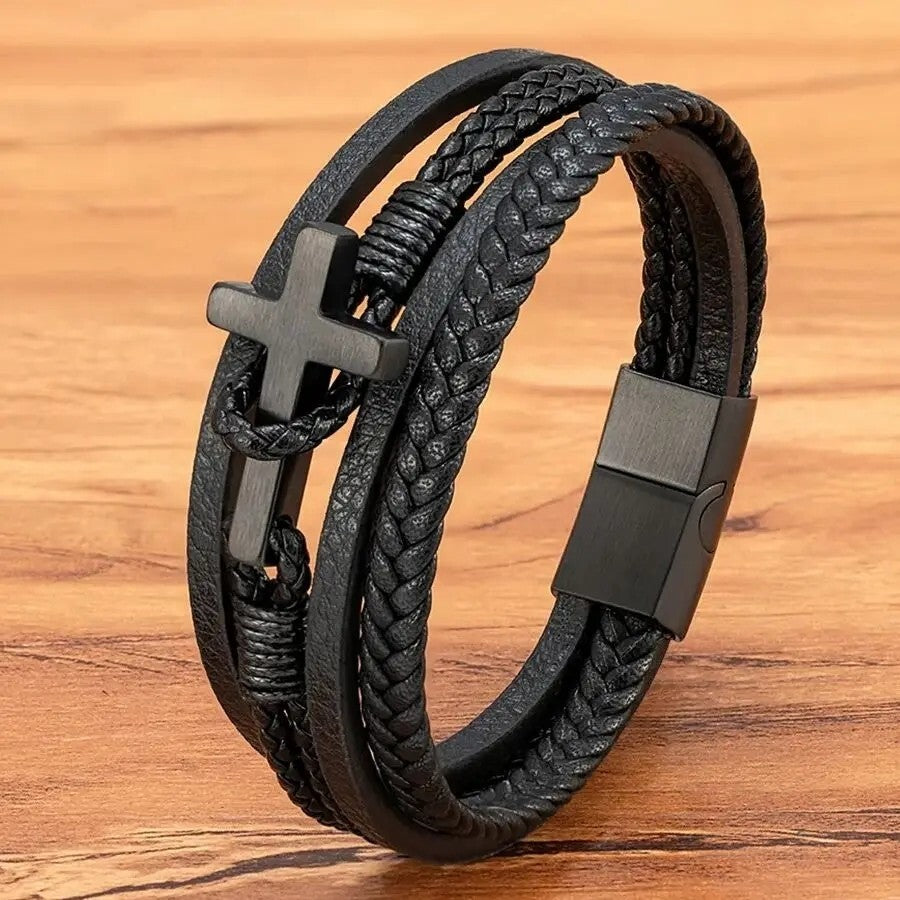 Pulsera de Piel Trenzada con Cruz para Hombre