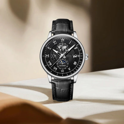 Reloj analógico con calendario y correa de cuero