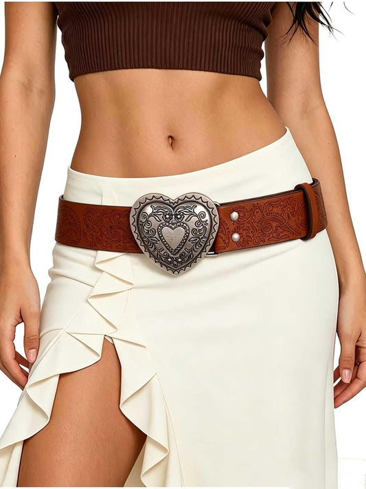 Cinturón de cuero ancho estilo vintage con hebilla de corazón