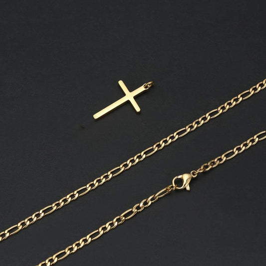 Collar de cruz chapado en oro con cadena Figaro
