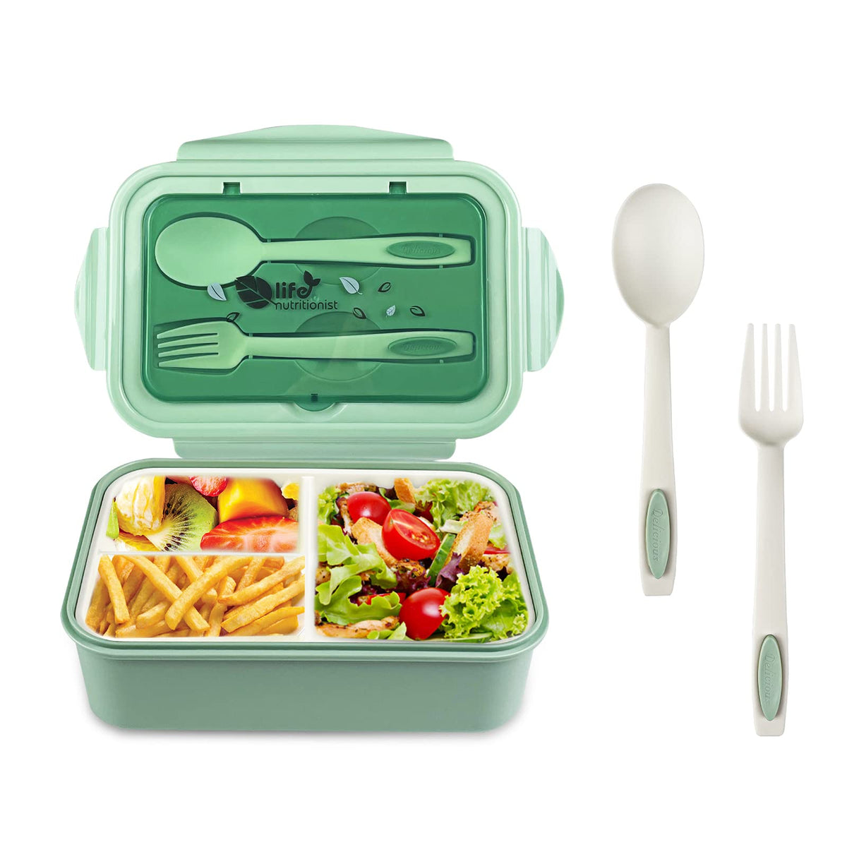 Fiambrera Bento con 3 Compartimentos y Cubiertos