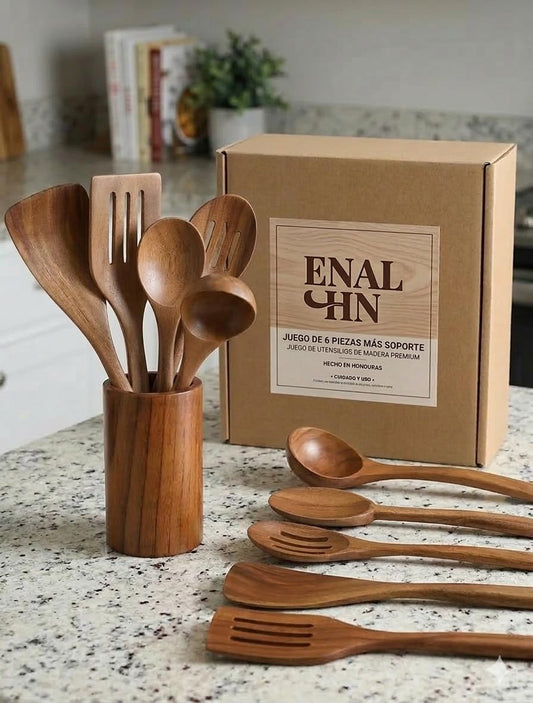 Set de Utensilios de Cocina de Madera con Soporte (6 Piezas)
