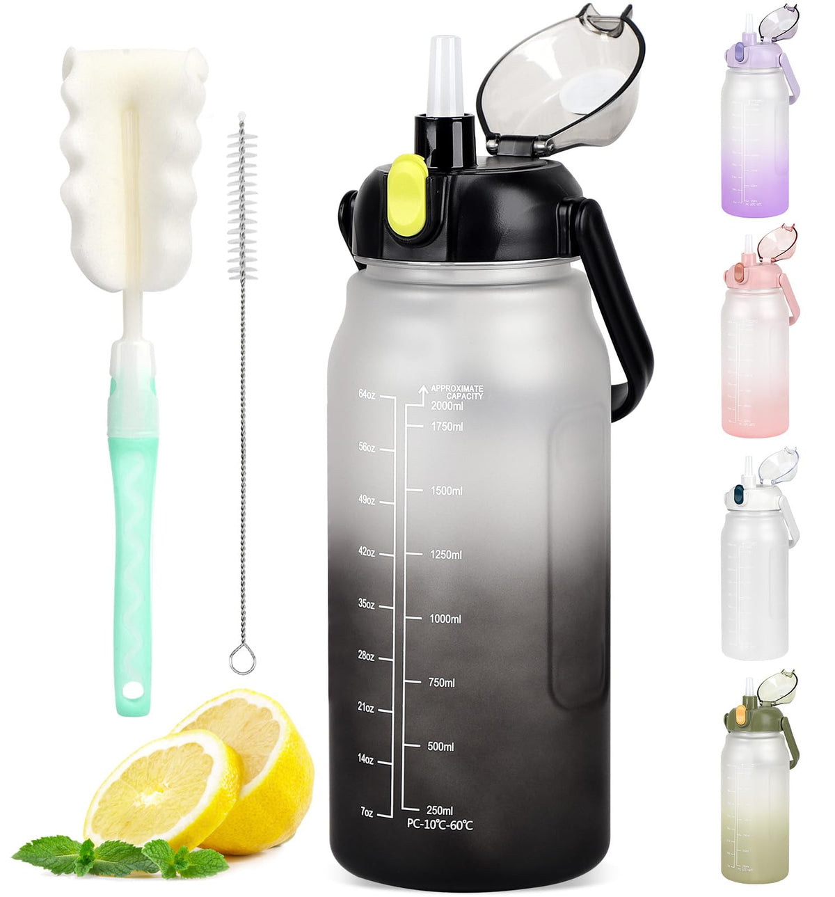 Botella de Agua Deportiva 2L con Pajita