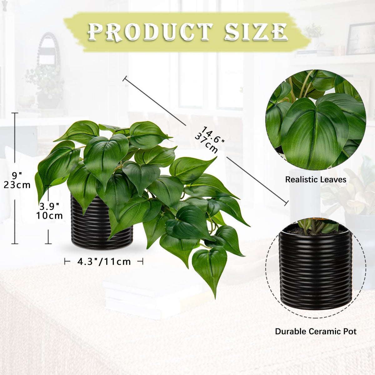 Planta Artificial Pothos en Maceta de Cerámica Negra