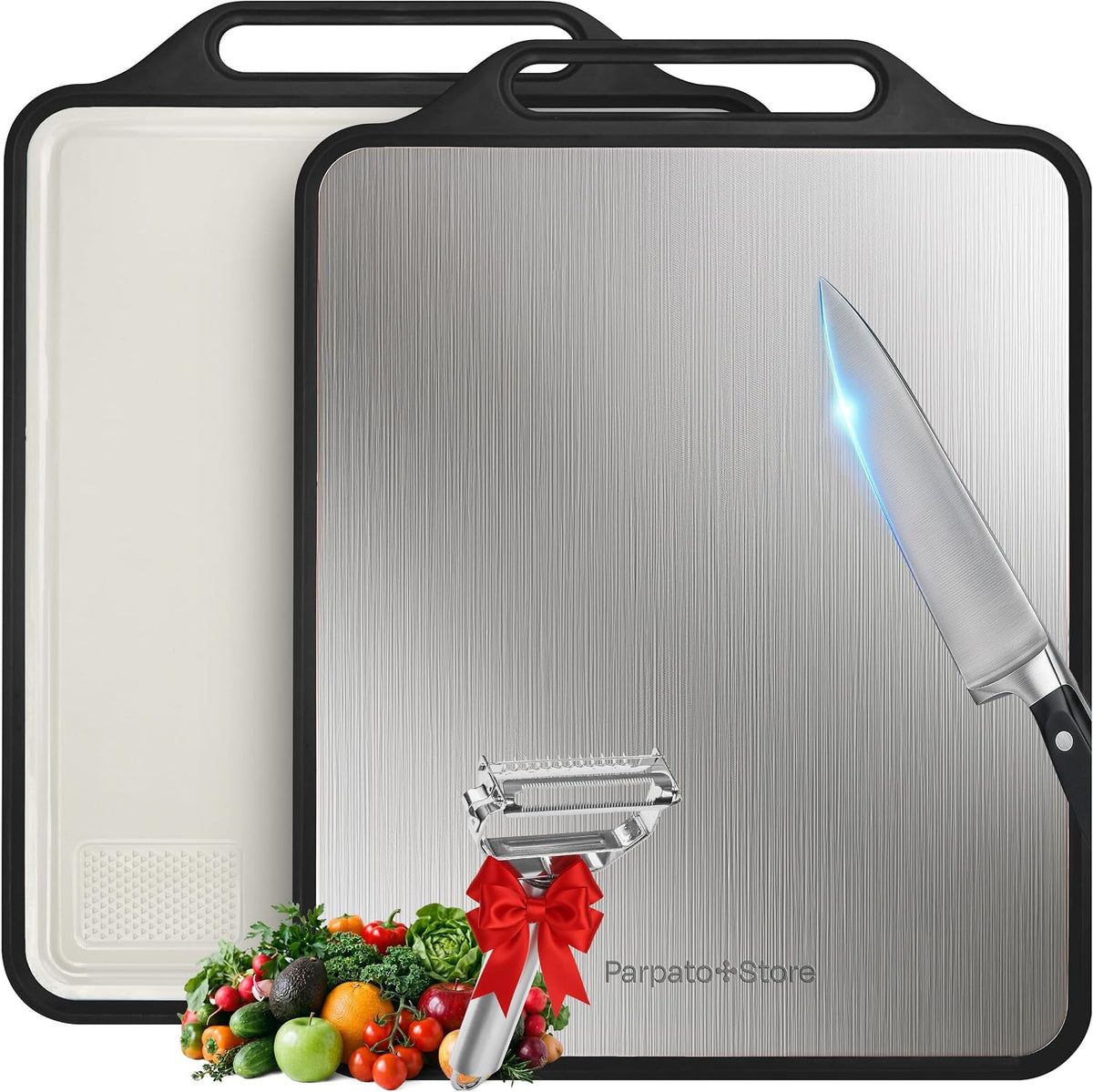 Tabla de Cortar de Acero Inoxidable con Pelador 4 en 1