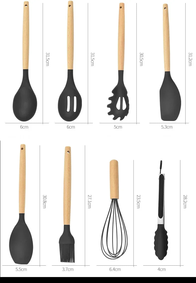Set de 12 Utensilios de Cocina de Silicona con Mango de Madera