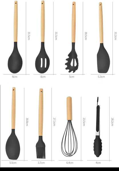 Set de 12 Utensilios de Cocina de Silicona con Mango de Madera