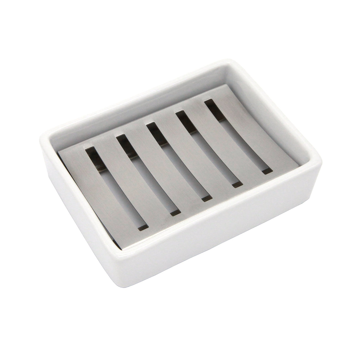 Jabonera de cerámica con escurridor de acero inoxidable