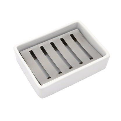 Jabonera de cerámica con escurridor de acero inoxidable