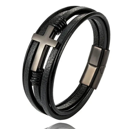 Pulsera de Piel Trenzada con Cruz para Hombre