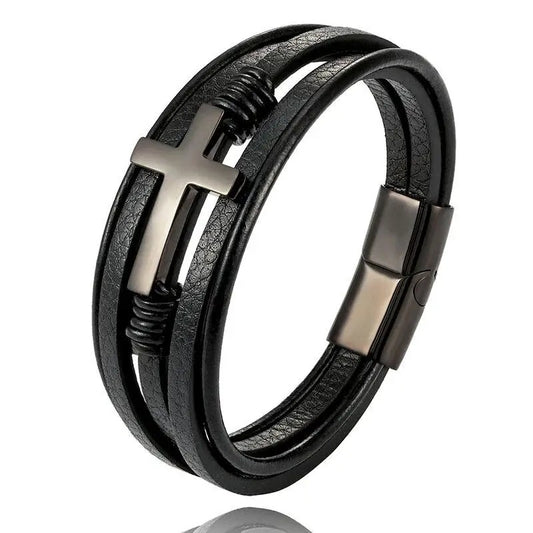 Pulsera de Piel para Hombre con Cruz Trenzada
